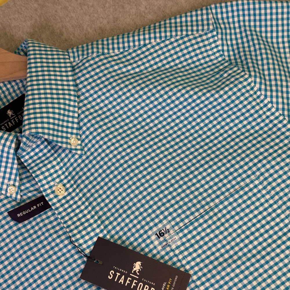 Stafford 16.5 Mens Short Sleeve Oxford Shirt Blue Check Wrinkle Free NWT